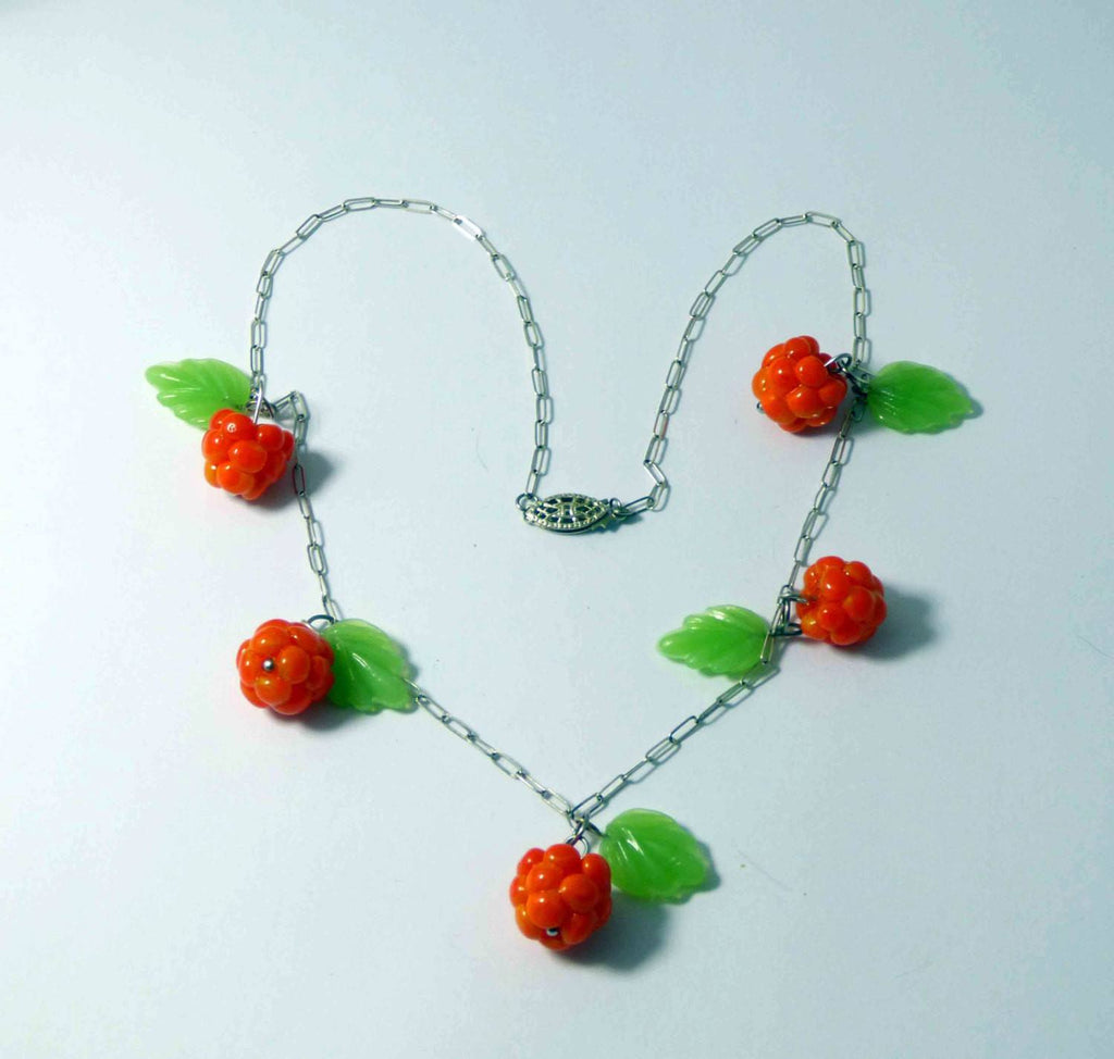 Berries, Sterling Silver Glass Leaves and Cloudberries Necklace - Vintage Lane Jewelry