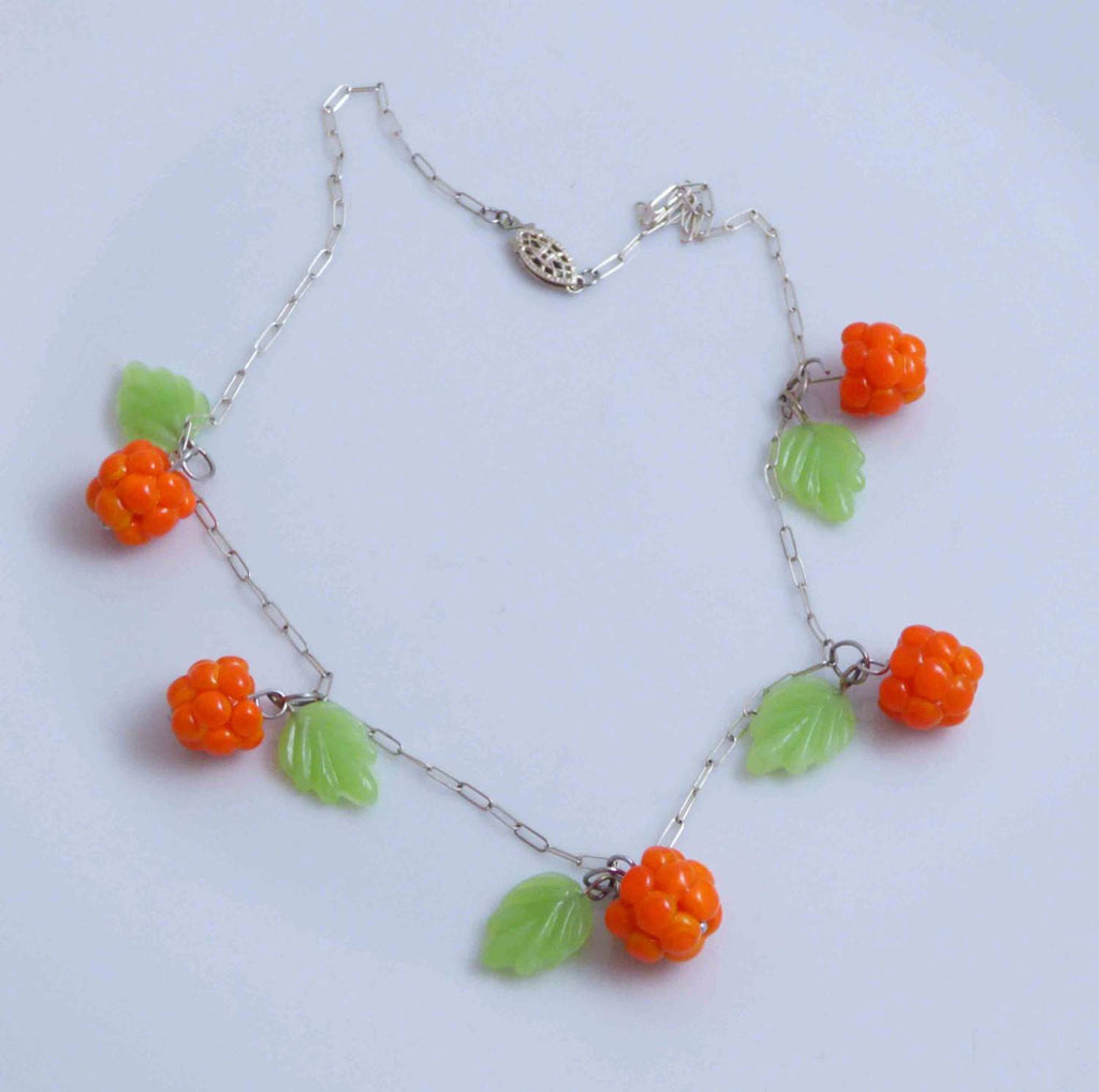 Berries, Sterling Silver Glass Leaves and Cloudberries Necklace