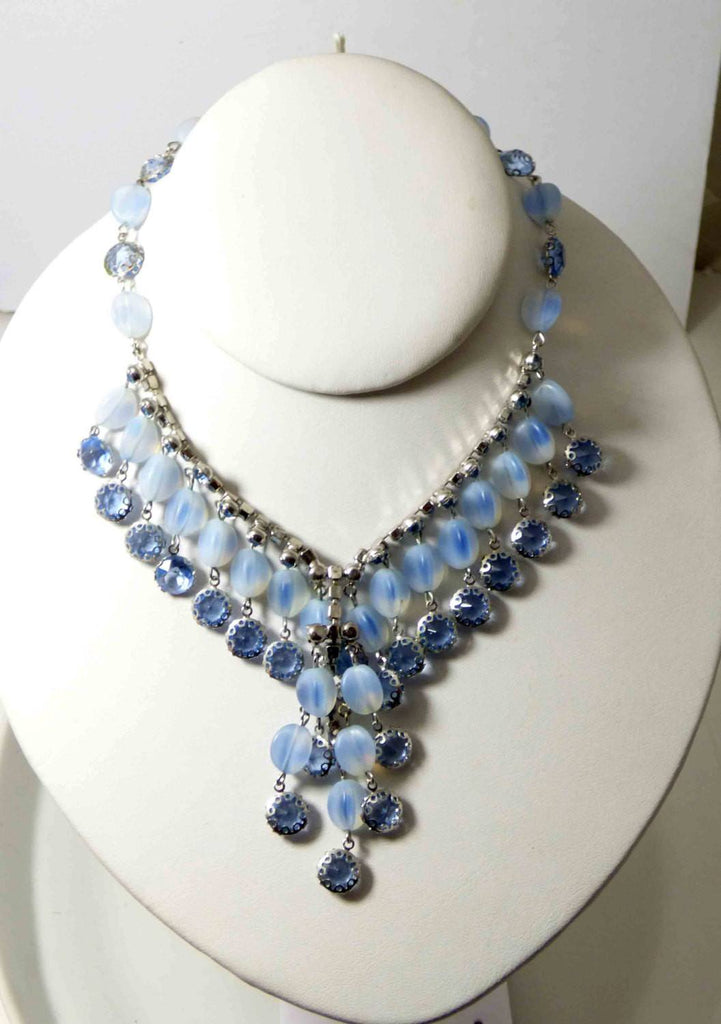 Vintage Alice Caviness Fringe Bib Blue Opalescent Art Glass Oval Rhinestone Necklace - Vintage Lane Jewelry
