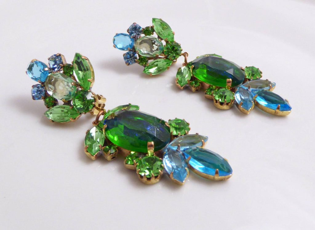 Large Czech Glass Dangling Clip Earrings Aqua Blue and Soft Green