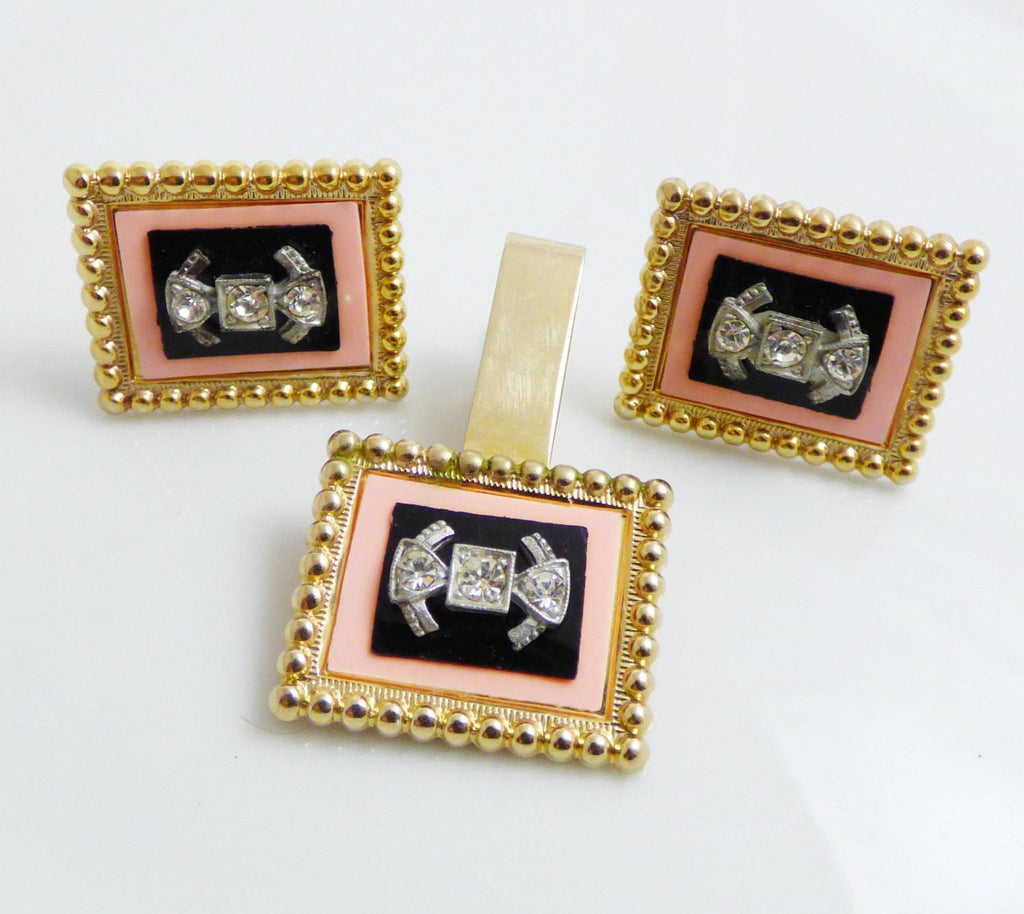 Art Deco Cufflink and Tie Tack Set, Peach Lucite and Rhinestones on Black set in Gold Tone Metal