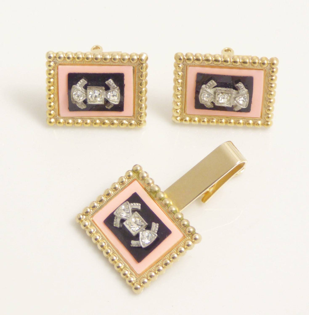 Art Deco Cufflink and Tie Tack Set, Peach Lucite and Rhinestones on Black set in Gold Tone Metal - Vintage Lane Jewelry