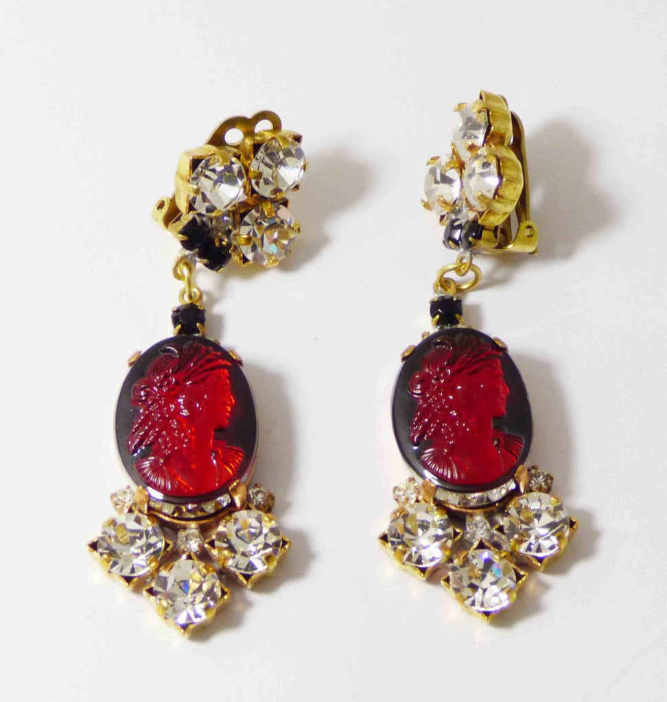 Czech Red Glass Cameo and Clear Rhinestone Dangling Clip Earrings