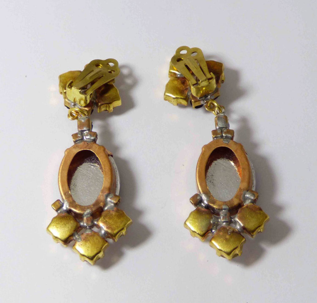 Czech Red Glass Cameo and Clear Rhinestone Dangling Clip Earrings - Vintage Lane Jewelry
