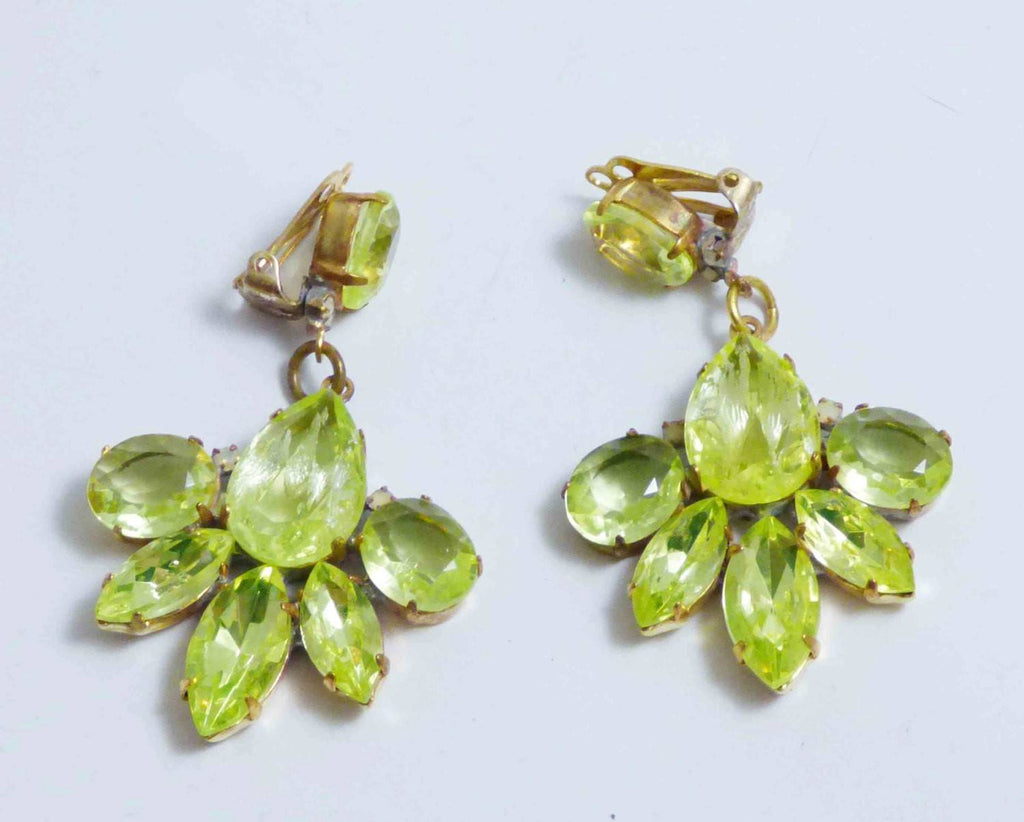 Vaseline Uranium Czech Glass Flower Dangle Clip Earrings
