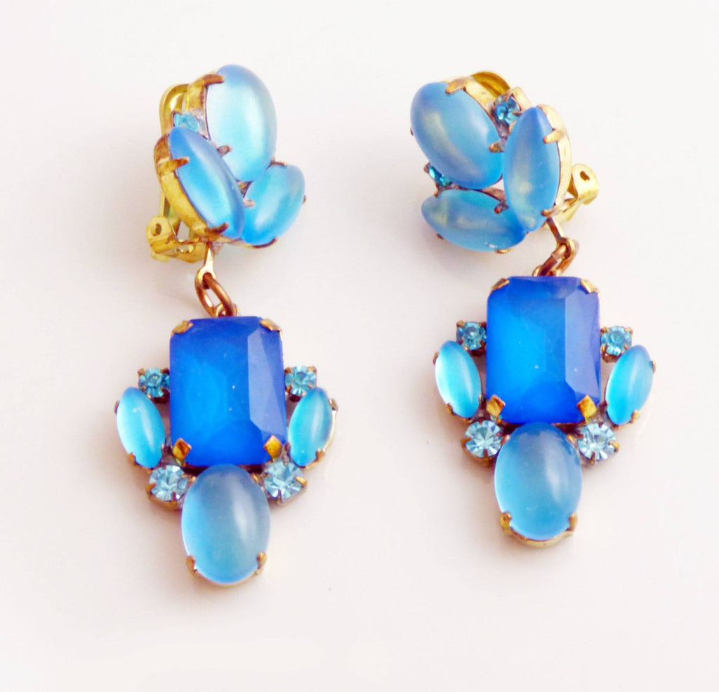 Czech Neon Blue Clip Earrings