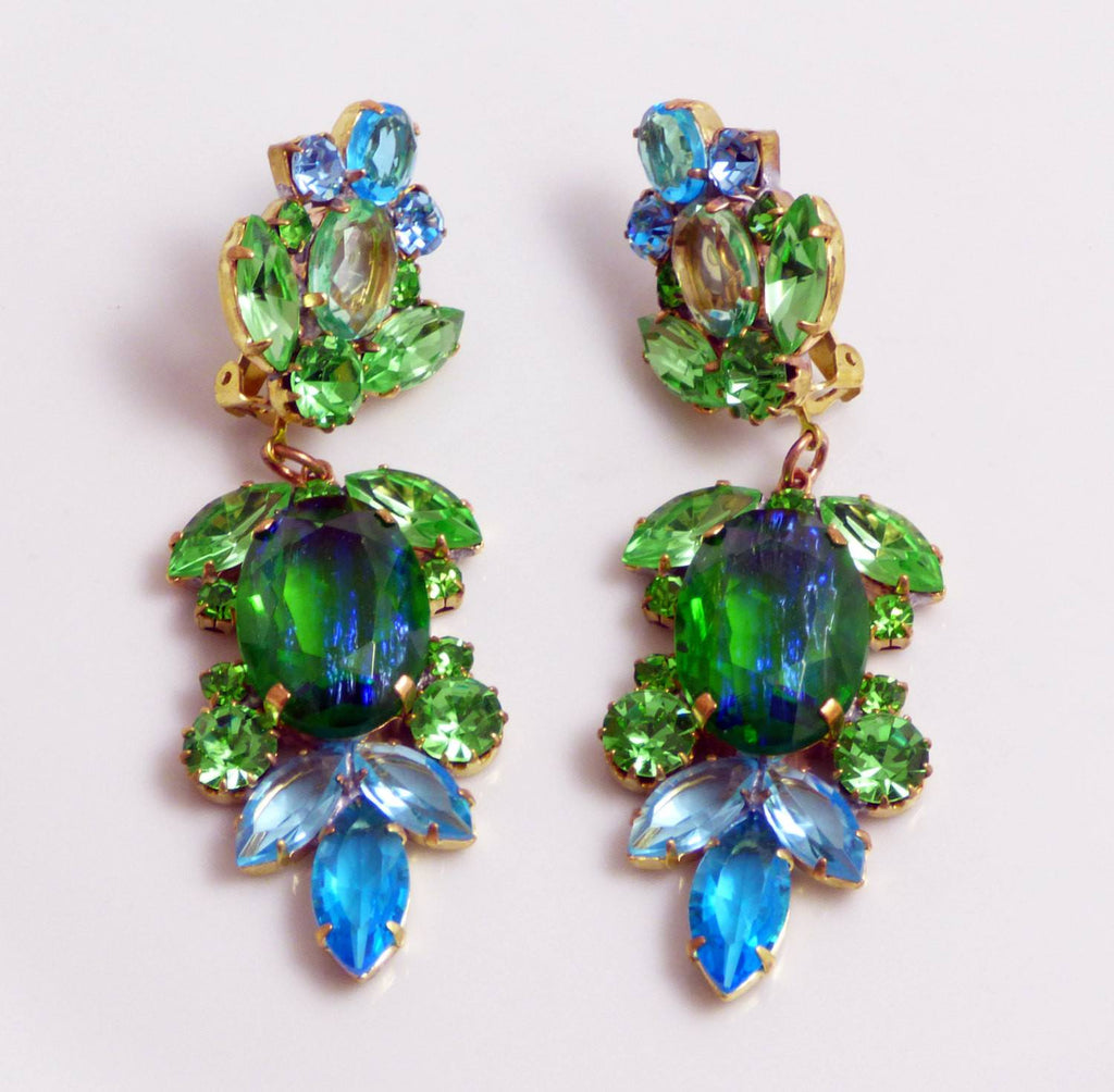 Large Czech Glass Dangling Clip Earrings Aqua Blue and Soft Green - Vintage Lane Jewelry
