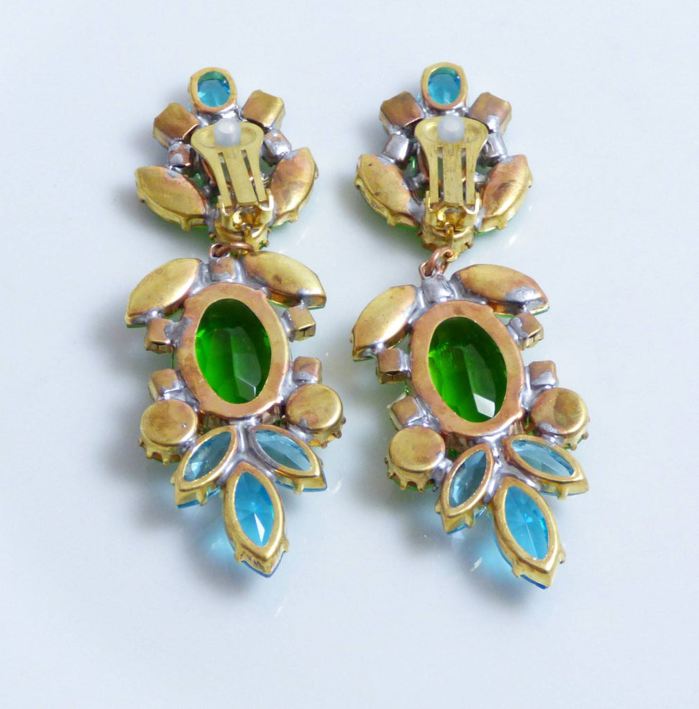 Large Czech Glass Dangling Clip Earrings Aqua Blue and Soft Green - Vintage Lane Jewelry