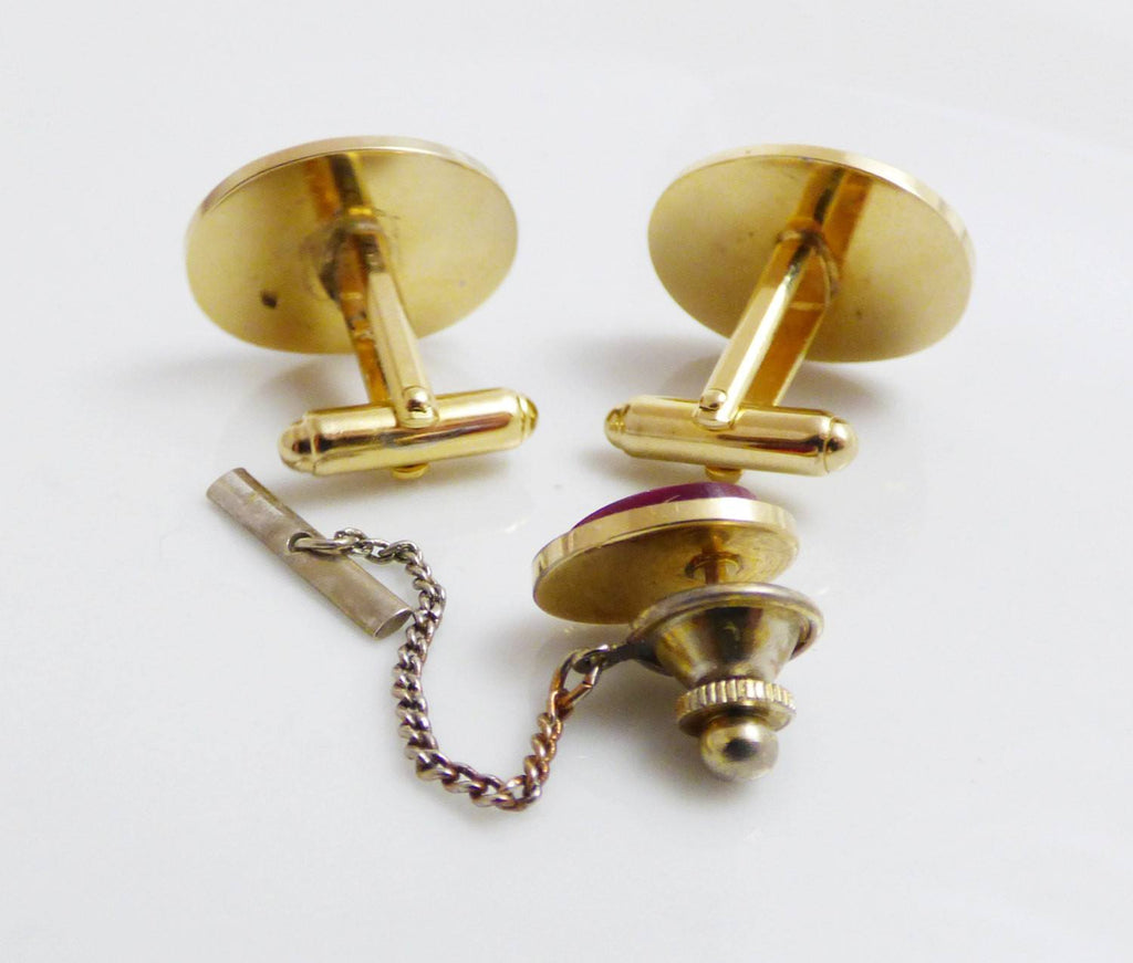 Vintage Anson gold tone Red Marbleized Stone Cufflinks and Tie Tack Set - Vintage Lane Jewelry