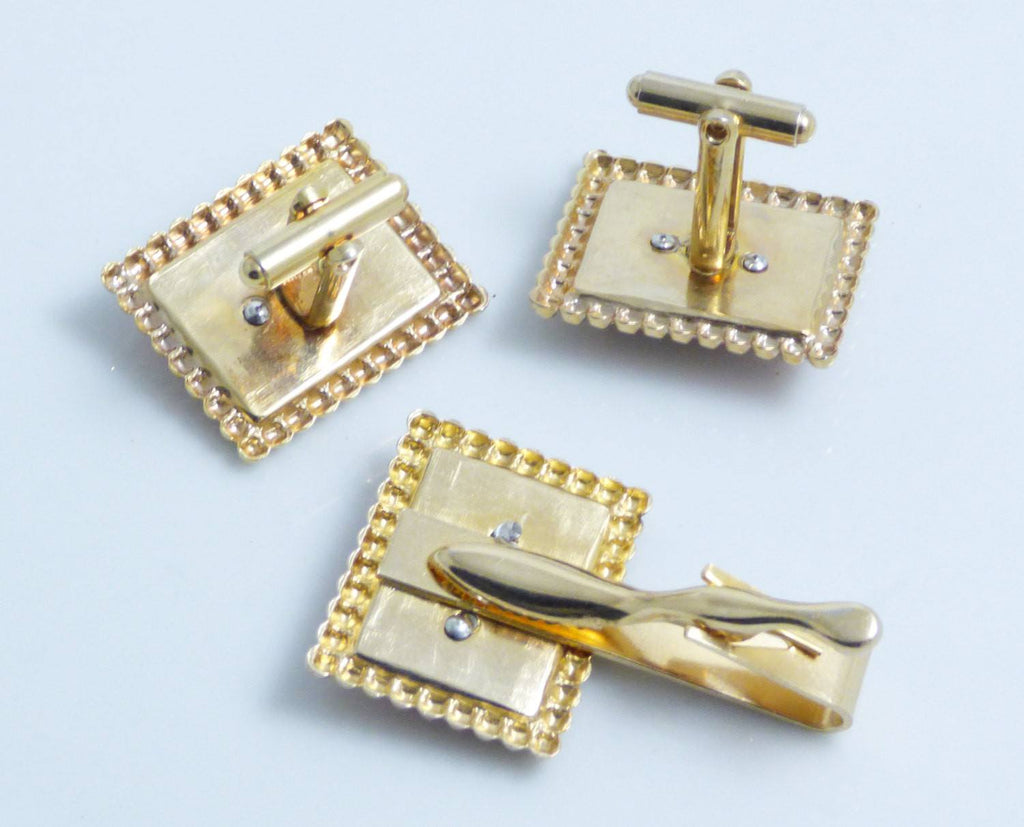 Art Deco Cufflink and Tie Tack Set, Peach Lucite and Rhinestones on Black set in Gold Tone Metal - Vintage Lane Jewelry