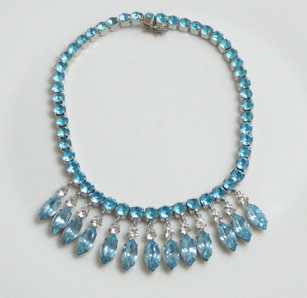 Vintage Blue Rhinestone Sparkling Dangle Fringe Necklace Choker