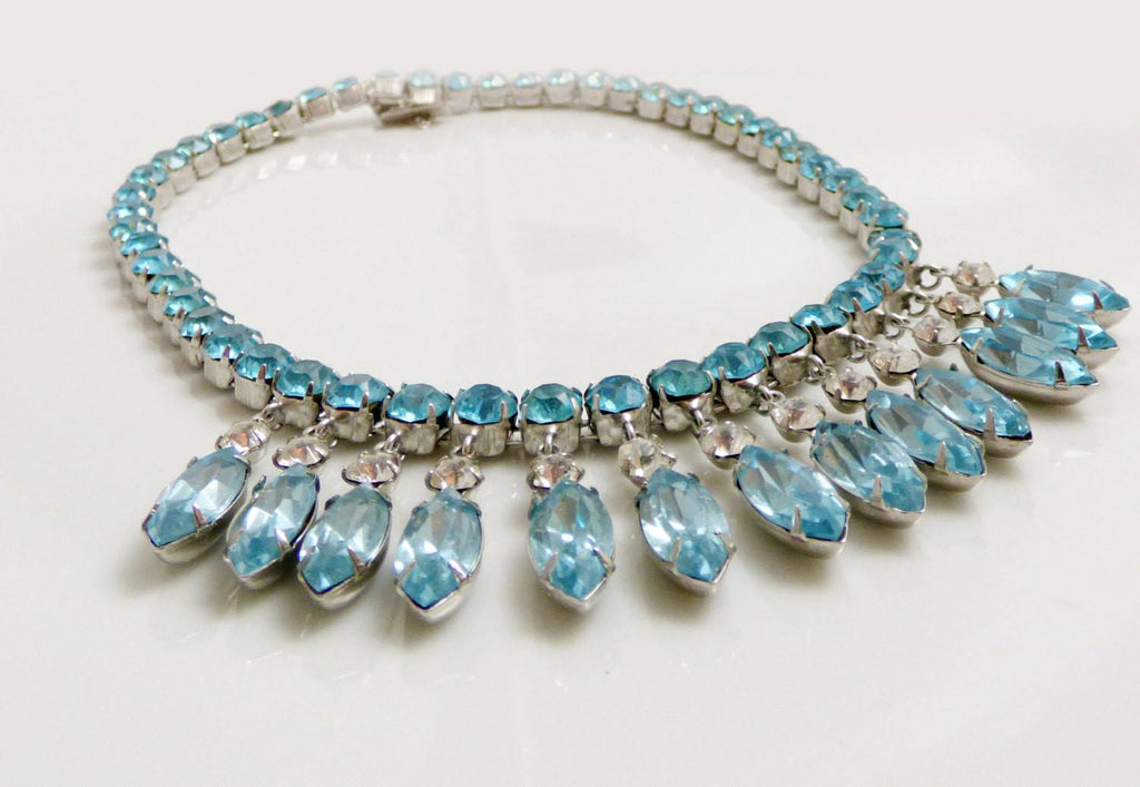 Vintage Blue Rhinestone Sparkling Dangle Fringe Necklace Choker - Vintage Lane Jewelry