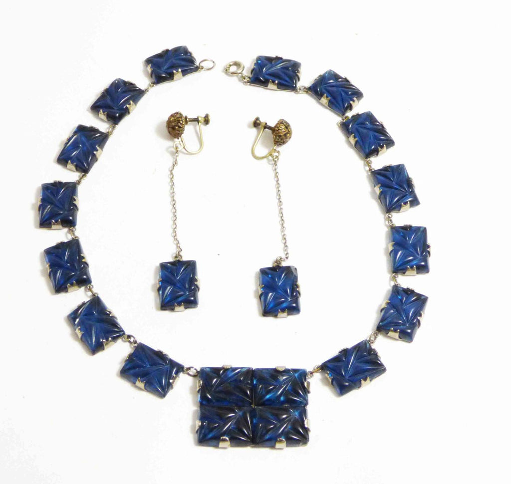 Art Deco Blue Glass Necklace Prong Set Molded Glass Stones and Matching Earrings