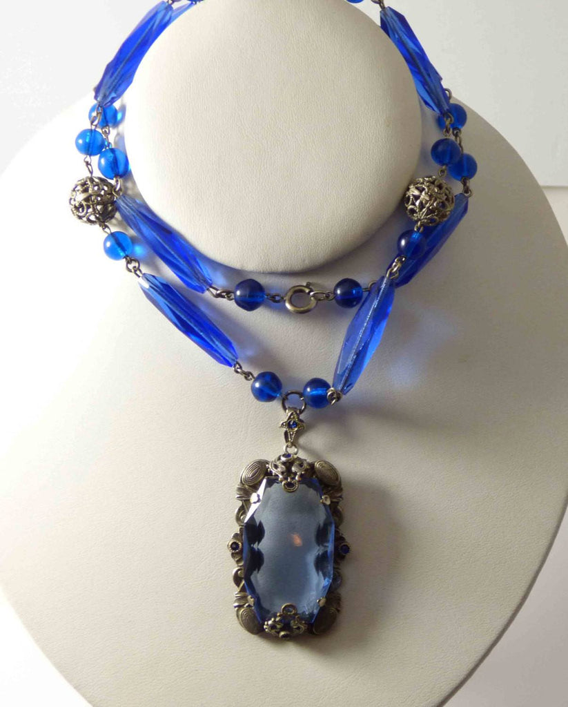 Art Deco Czech Large Sapphire Blue Glass Filigree Art Glass Necklace - Vintage Lane Jewelry