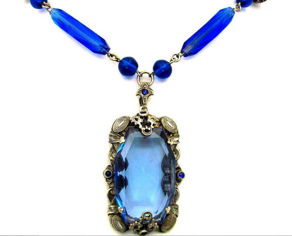 Art Deco Czech Large Sapphire Blue Glass Filigree Art Glass Necklace