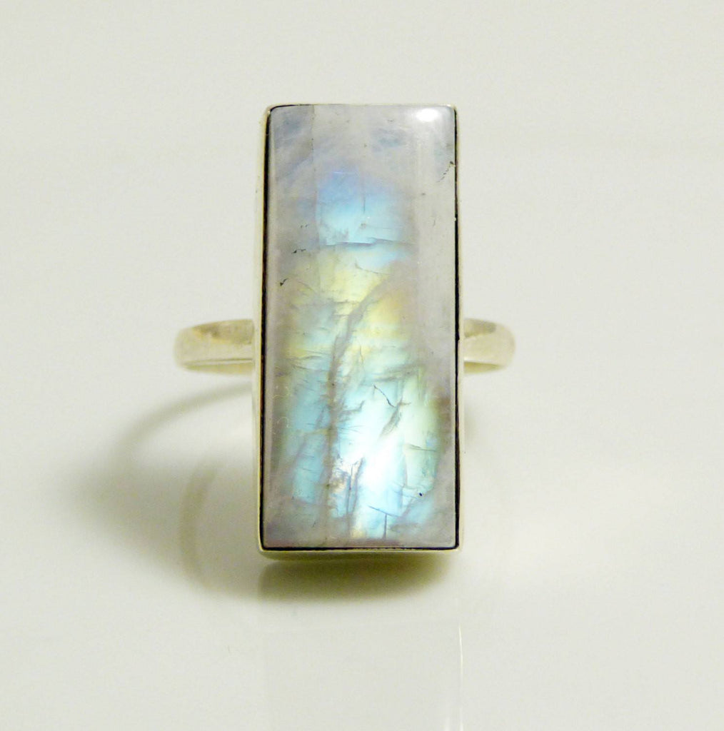 Rainbow Moonstone 14ct Sterling Silver Ring. Size 7