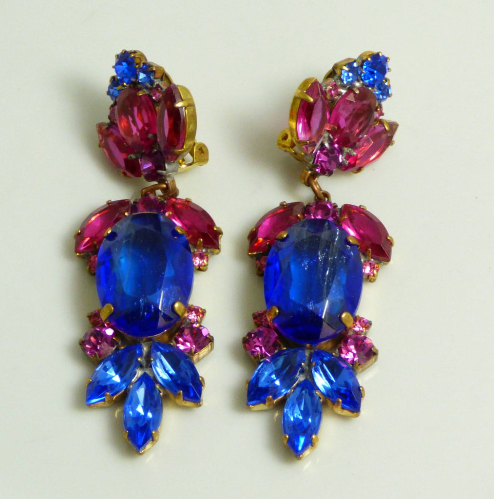 Large Czech Glass Dangling Clip Earrings Cobalt Blue and Hot Pink