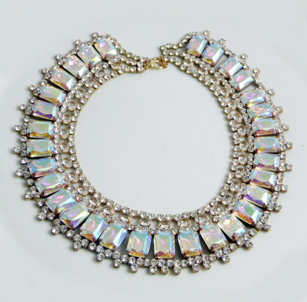 Czech Glass Borealis Rhinestone Bib Necklace, Husar D. - Vintage Lane Jewelry