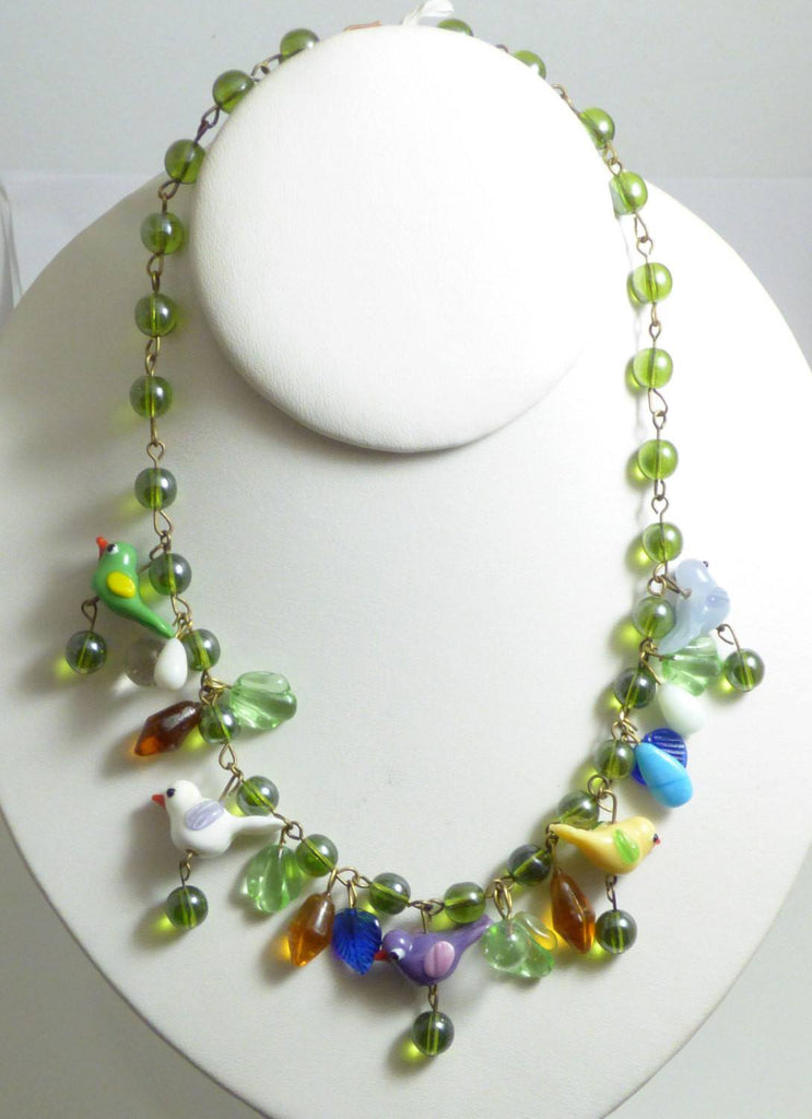 Glass Bird Green Beaded Necklace with Glass Leaves and Shapes - Vintage Lane Jewelry
