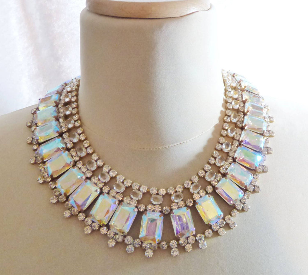 Czech Glass Borealis Rhinestone Bib Necklace, Husar D. - Vintage Lane Jewelry