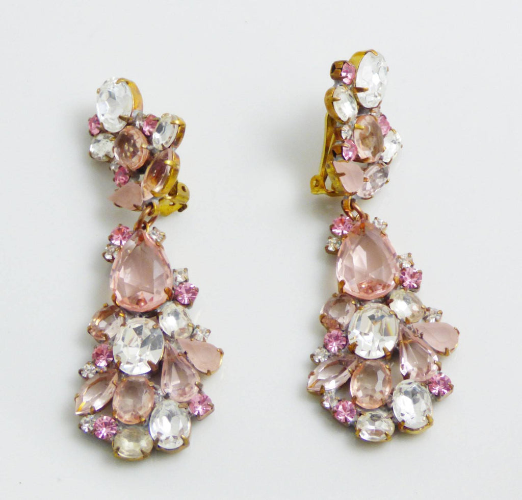 Pretty Czech glass blush pink rhinestone dangling clip earrings