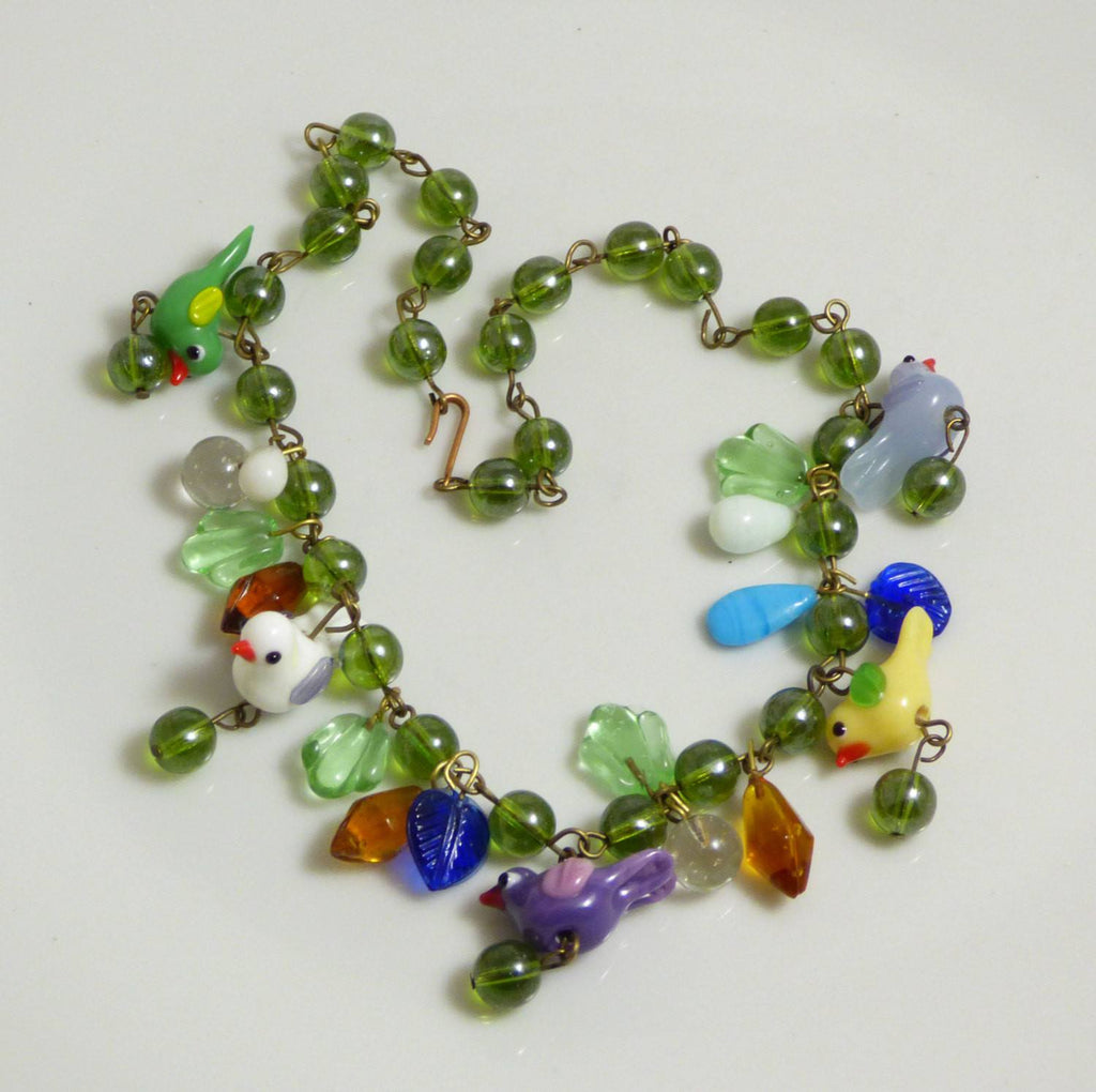 Glass Bird Green Beaded Necklace with Glass Leaves and Shapes