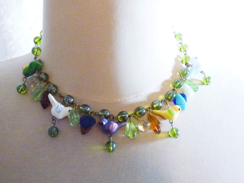 Glass Bird Green Beaded Necklace with Glass Leaves and Shapes - Vintage Lane Jewelry