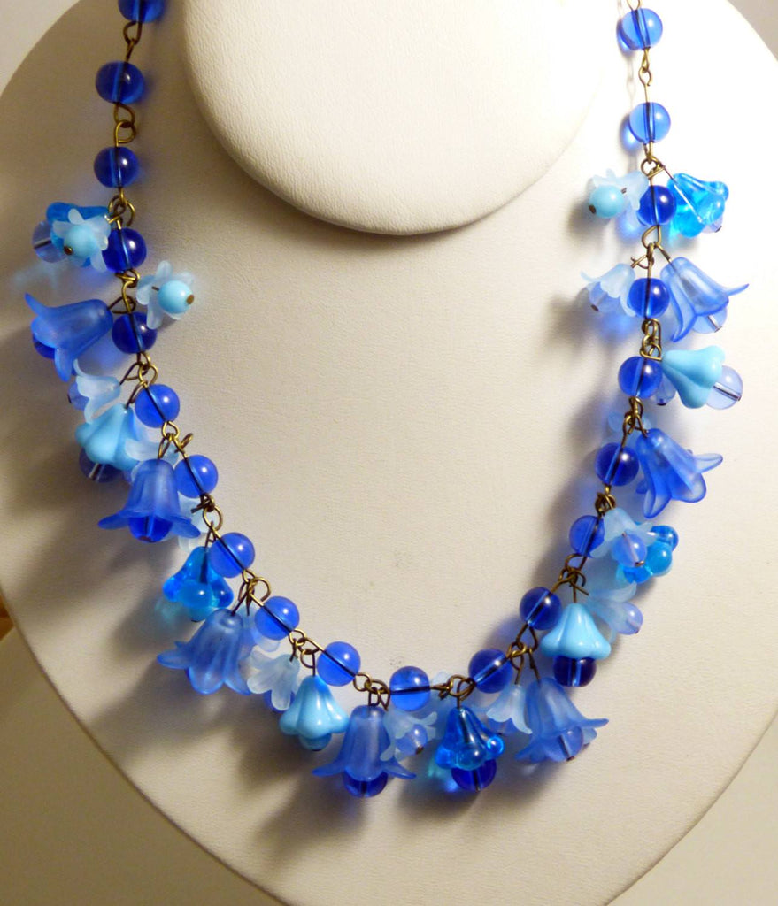 Blue Glass Beaded Glass and Lucite Flower Necklace, unique vintage