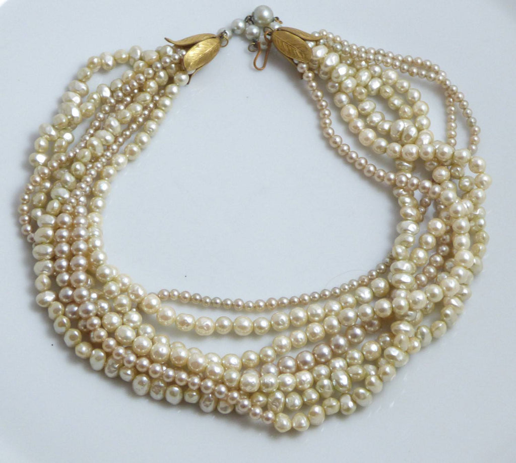 Miriam Haskell 7 Strand Baroque Glass Pearl Necklace, unique vintage