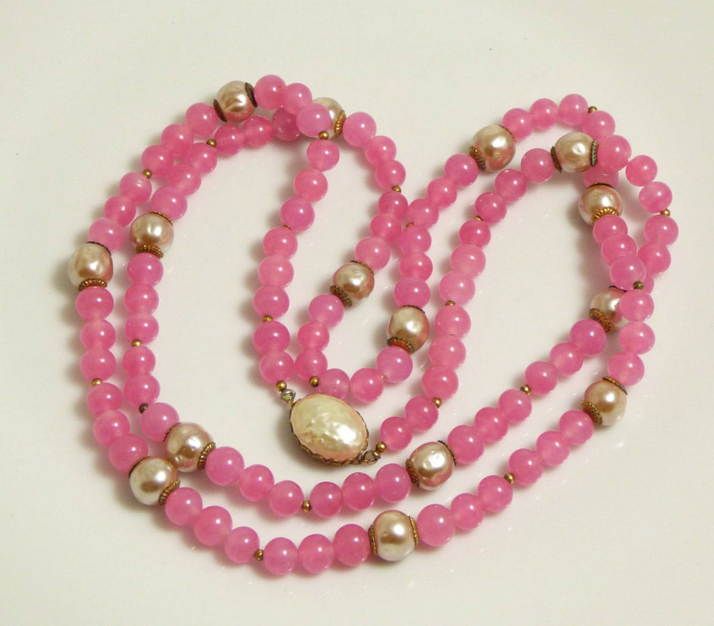 Miriam Haskell Single Strand Pink Glass Beads and Signature Baroque Pearl Necklace