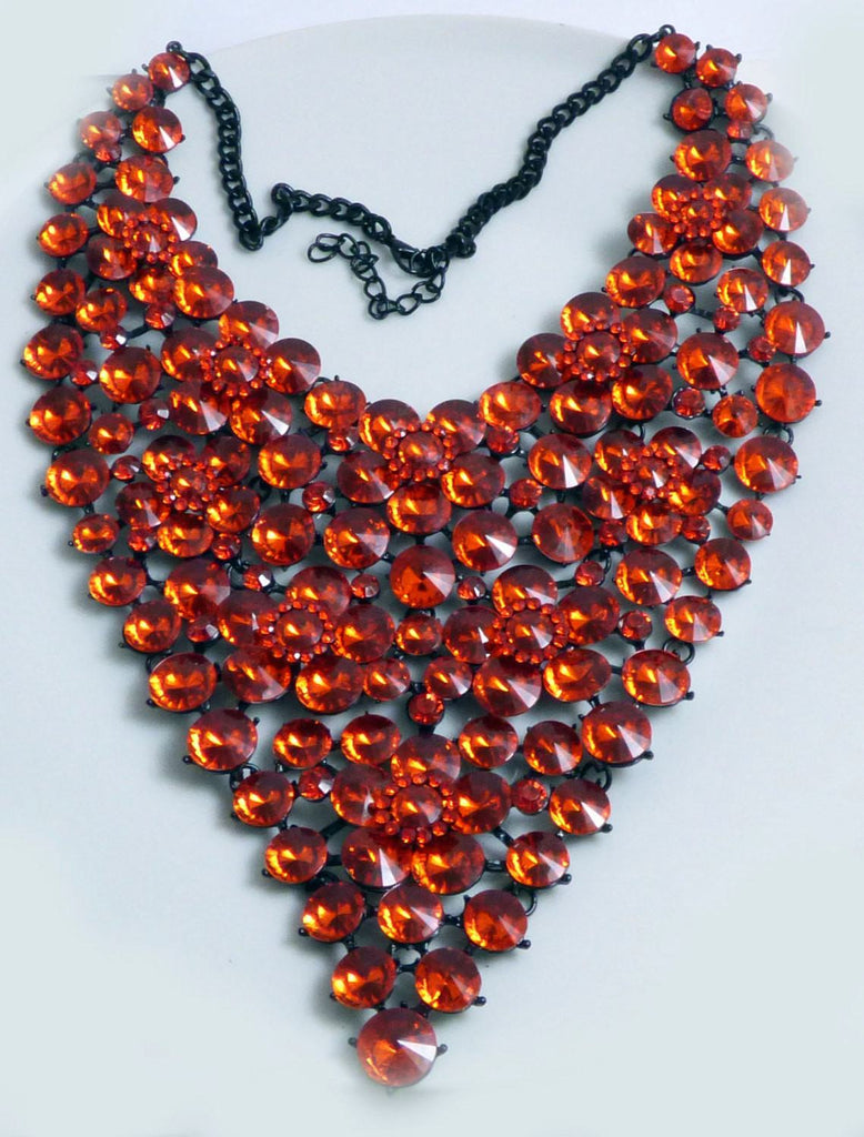 Rhinestone Statement Huge Necklace Bright Red, Gun Metal