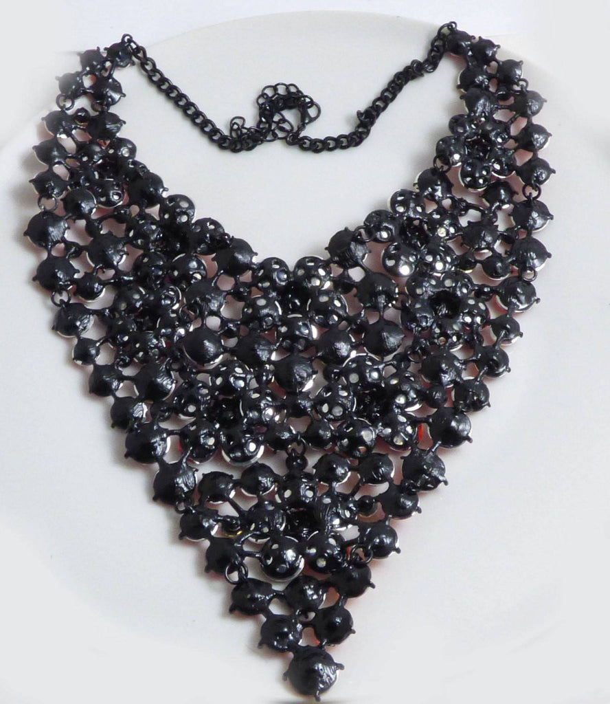 Rhinestone Statement Massive Necklace Bright Red, Gun Metal - Vintage Lane Jewelry