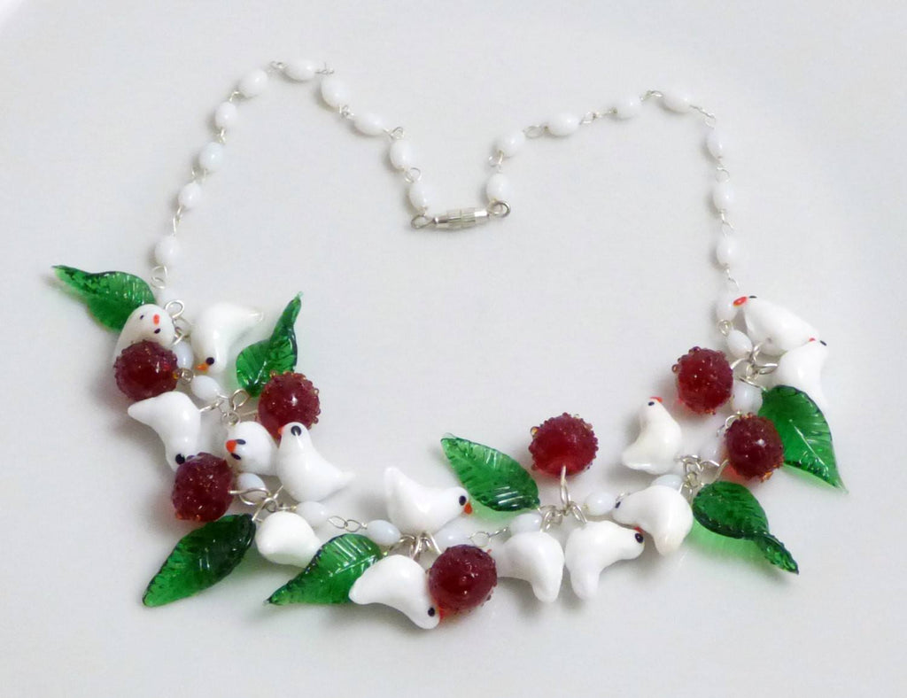 Vintage Murano White Glass Birds, Leaves and Blossoms Necklace