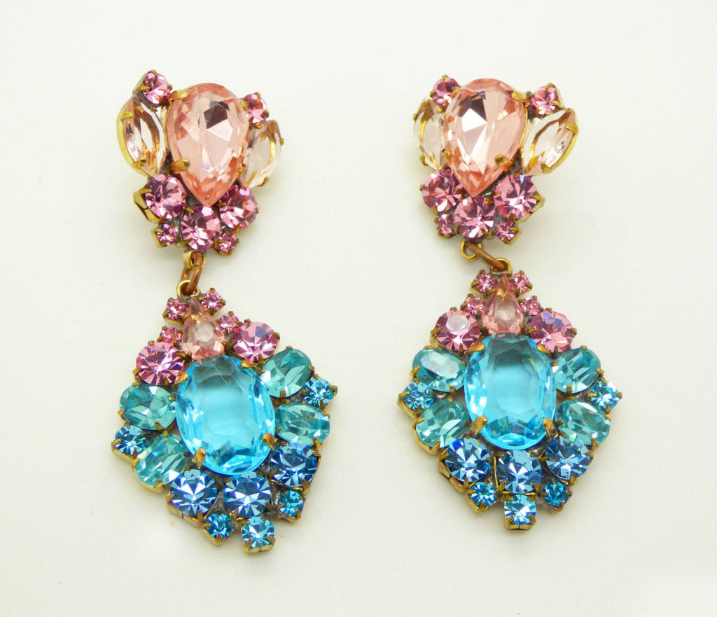 Aqua Blue and Pink Czech Glass Pierced Earrings