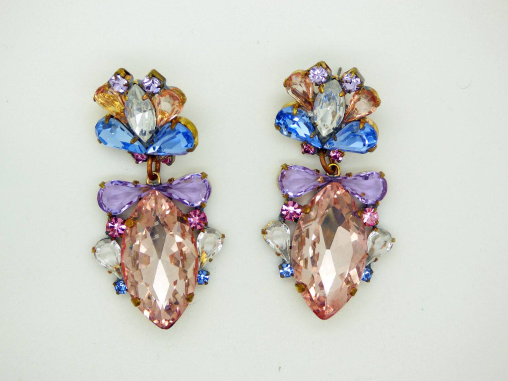 Czech Glass Pink Lavender and Blue Bow Glass Pierced Earrings - Vintage Lane Jewelry