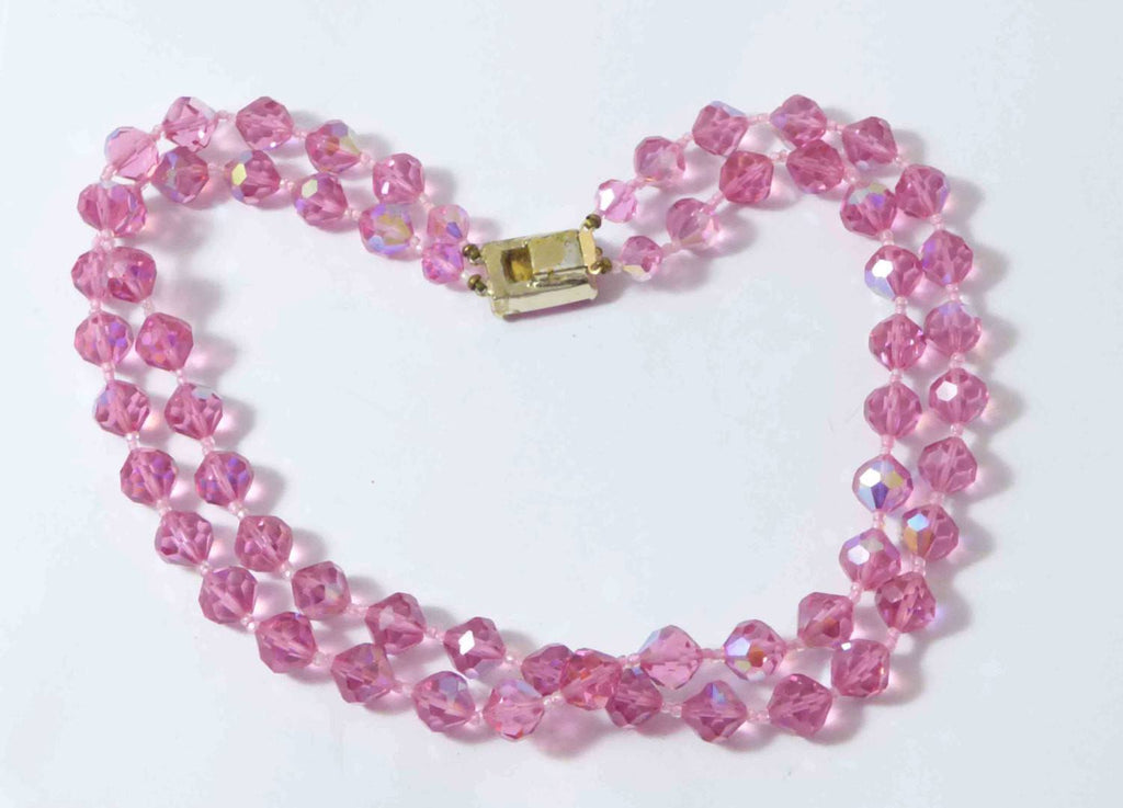 Pink Faceted Glass 2 Strand Beaded Necklace with Crystal Clasp, AB Beads - Vintage Lane Jewelry