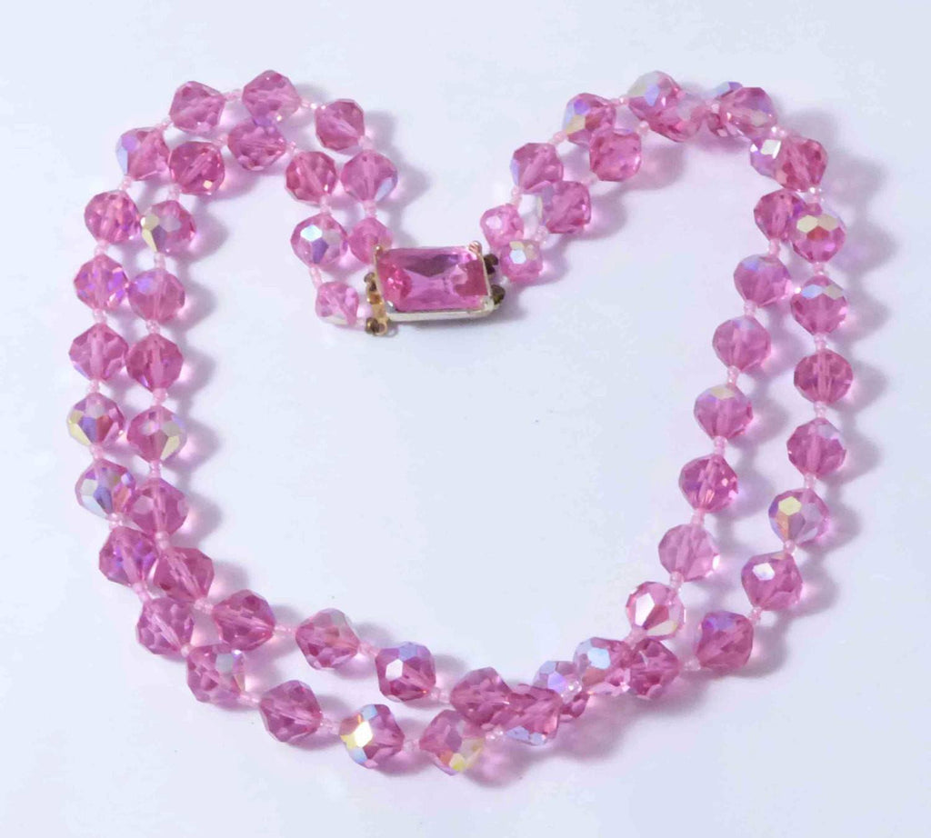 Pink Faceted Glass 2 Strand Beaded Necklace with Crystal Clasp, AB Beads