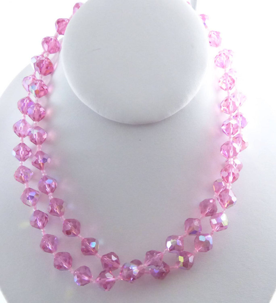 Pink Faceted Glass 2 Strand Beaded Necklace with Crystal Clasp, AB Beads - Vintage Lane Jewelry
