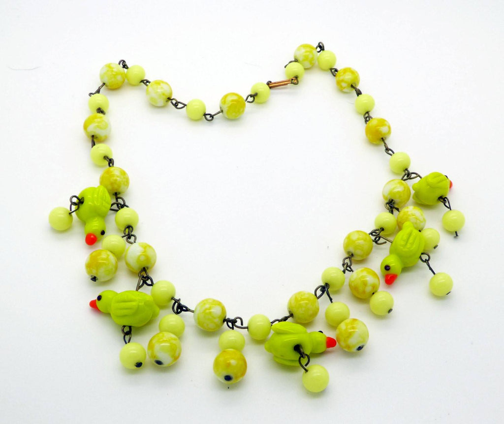 Yellow Glass Birds Beaded Necklace, Rubber Duckies