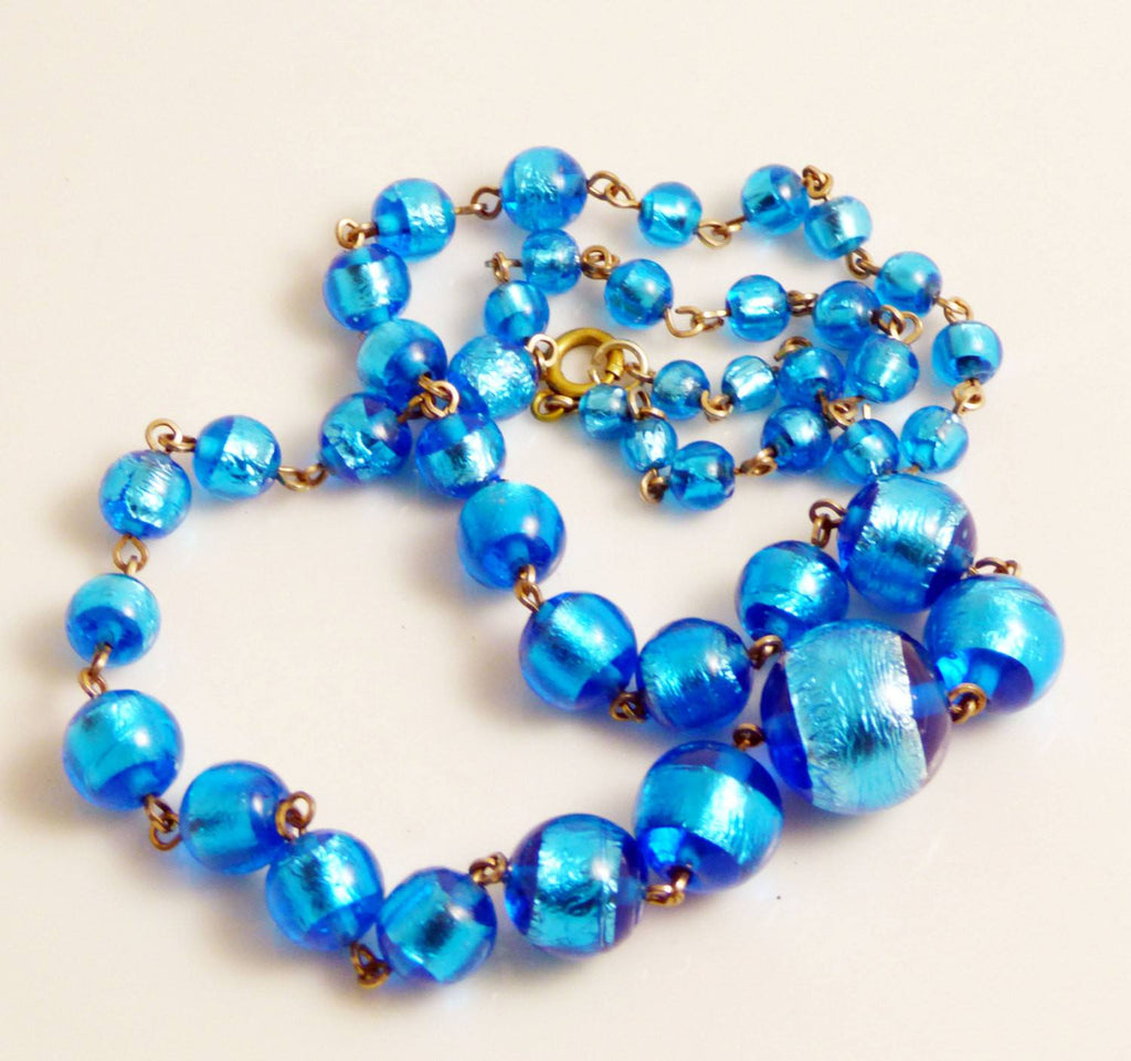 Peacock Blue Foil Art Glass Graduated Bead Necklace