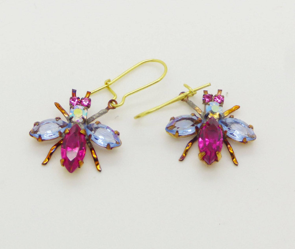 Czech Glass Rhinestone Fly Earrings, Pink and Lavender