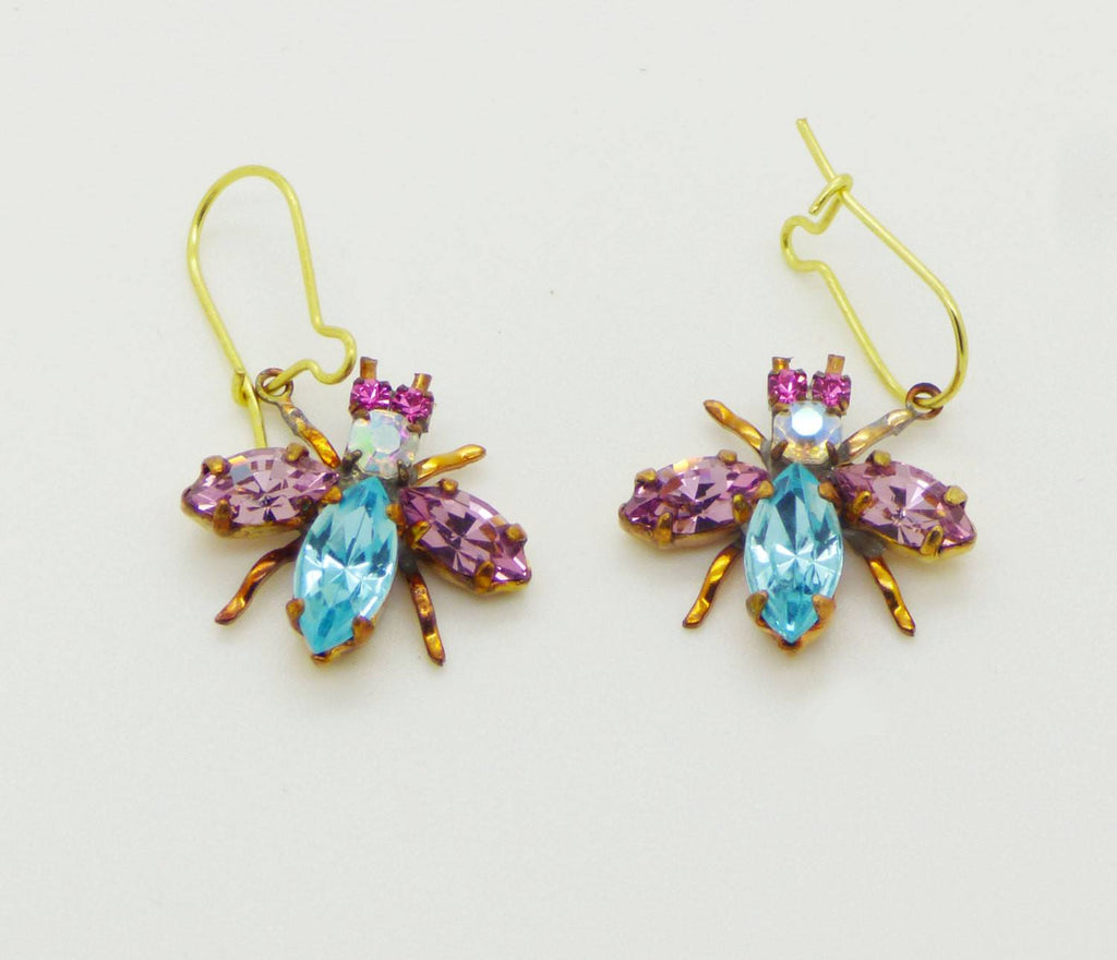 Czech Glass Rhinestone Fly Earrings, Blue and Purple
