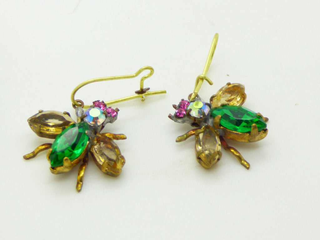 Czech Glass Rhinestone Fly Earrings, Green and Pale Yellow