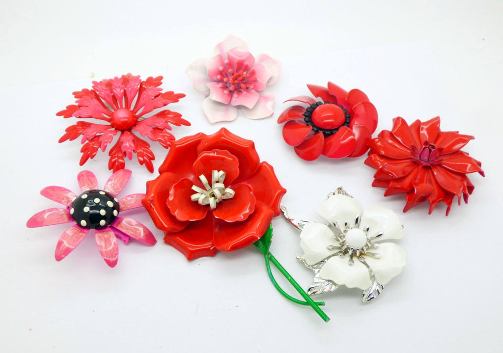 Vintage Enamel Flower Pins, Brooch Lot, Reds and Pinks