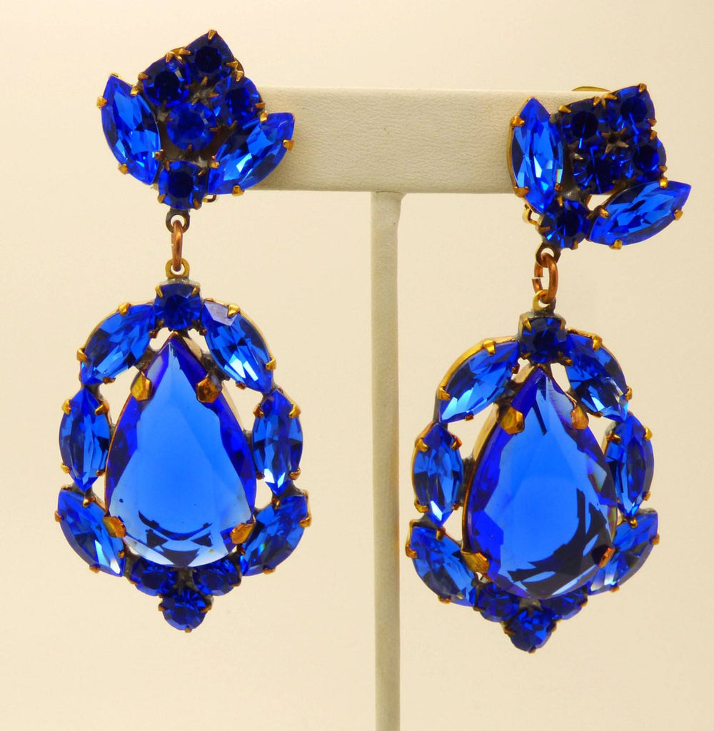 Royal Blue Czech Glass Huge Dangling Clip Earrings - Vintage Lane Jewelry