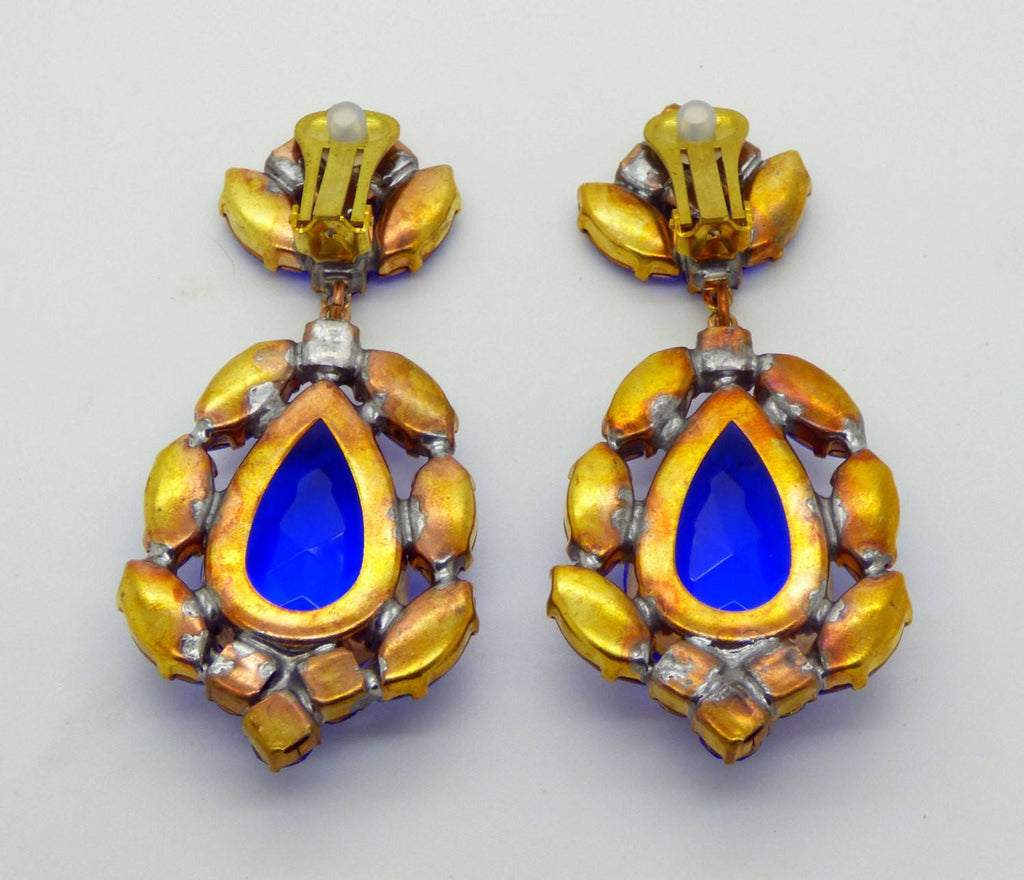 Royal Blue Czech Glass Huge Dangling Clip Earrings - Vintage Lane Jewelry