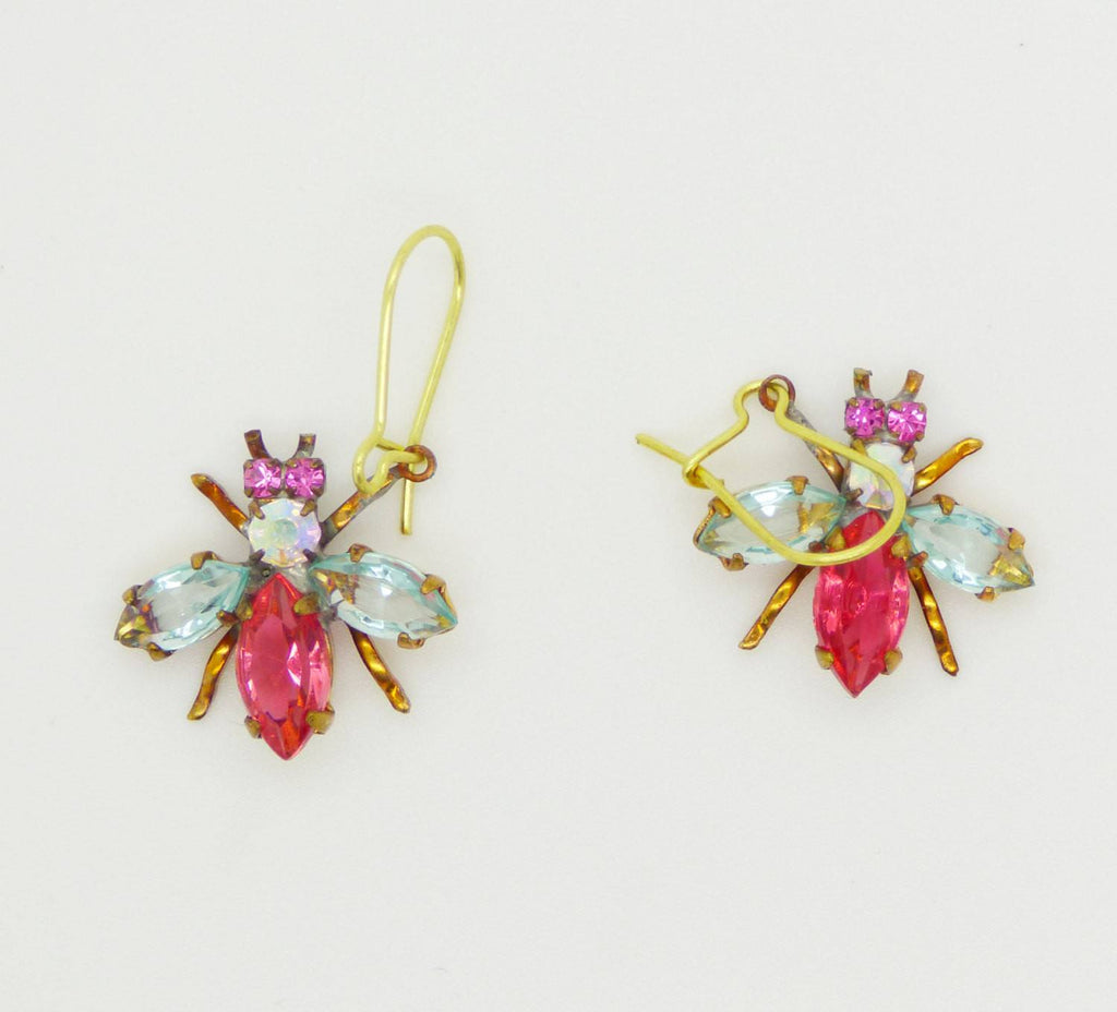 Czech Glass Rhinestone Fly Earrings, Pink and Mint Green