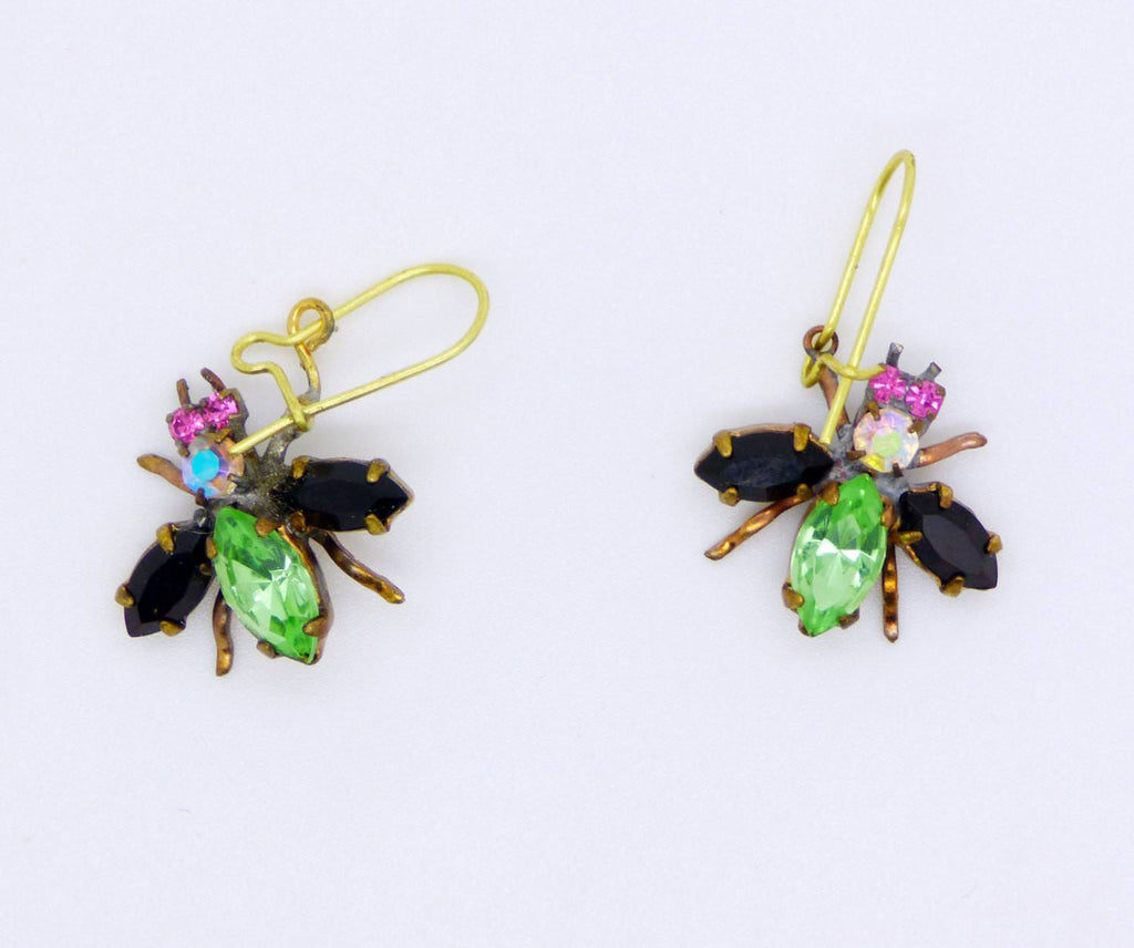 Czech Glass Rhinestone Fly Earrings, Green and Black