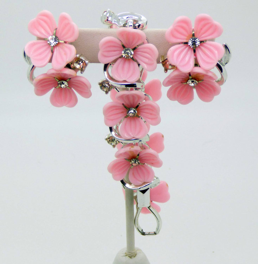 Vintage Lisner Pink Molded Flowers and Rhinestone Parure, Necklace, Bracelet, Clip Earring - Vintage Lane Jewelry
