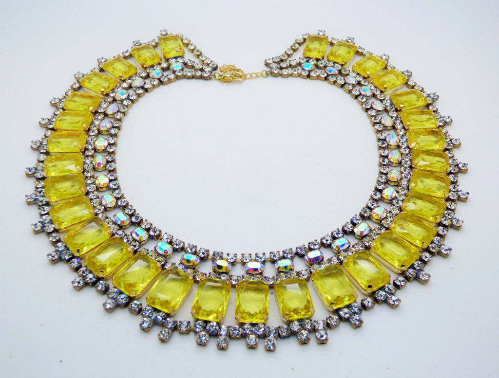 Husar D. Yellow Gold Czech Glass Bib Style Collar Necklace, Statement Necklace